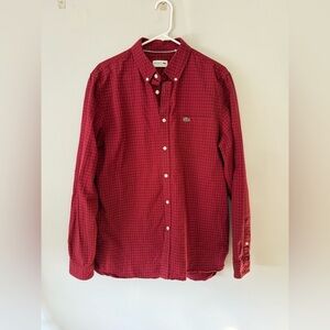 Lacoste Regular Fit Checkered Cotton Button Down Dress Shirt Red Burgundy Size L